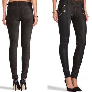 7FAM Black & Green Suede Skinny Pants Zippered